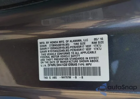 2016 Honda Odyssey Ex from USA, damaged, VIN 5FNRL5H41GB109646